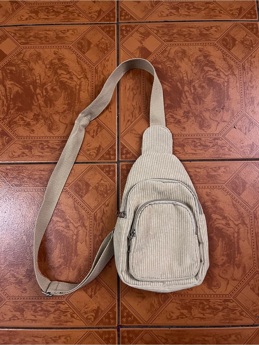 Beige Corduroy Sling Bag  - Casual Crossbody Shoulder Bag